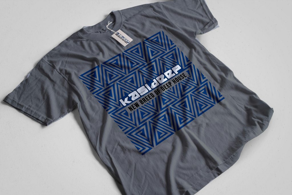 a gray shirt with a blue triangle on it
